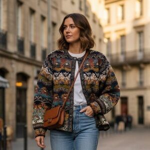 VTG Lorry Marshall Made In England Wool Geometric Print Cardigan Sweater Sz M-L